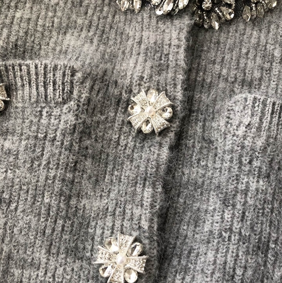 Self Portrait Grey Fluffy Crystal Trim Cardigan - Picture 10 of 13